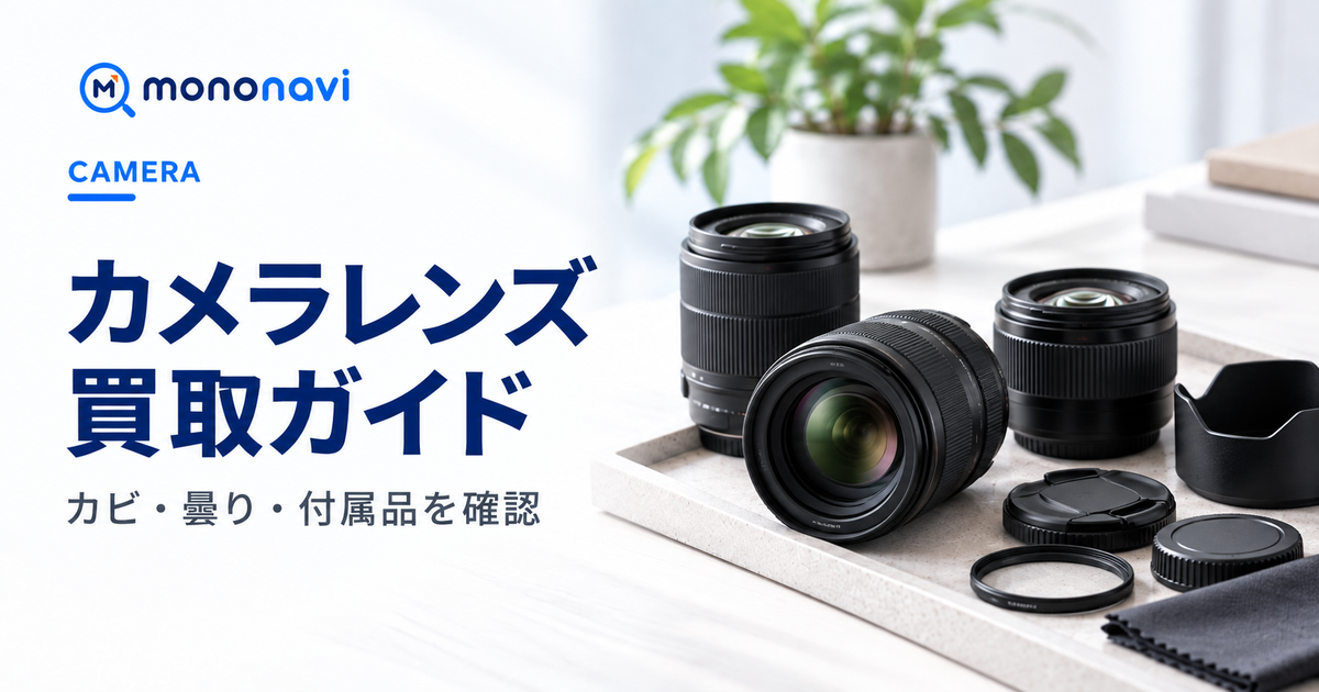 カメラレンズ買取のカビ・曇り・付属品など査定ポイントを解説するMononaviアイキャッチ